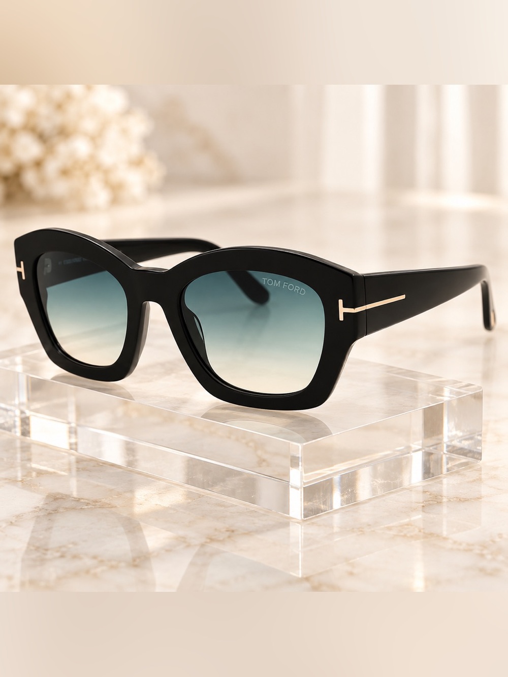 Tom Ford FT1083 01P Shiny Black Sunglasses Green Gradient Lenses 52mm